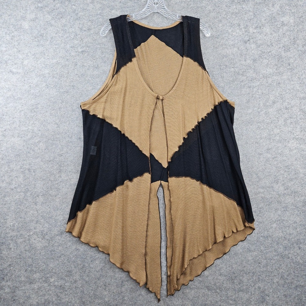 Vintage Rayon Knit Vest Women 16 Tan Black Patchwork Handkerchief Hem USA Made